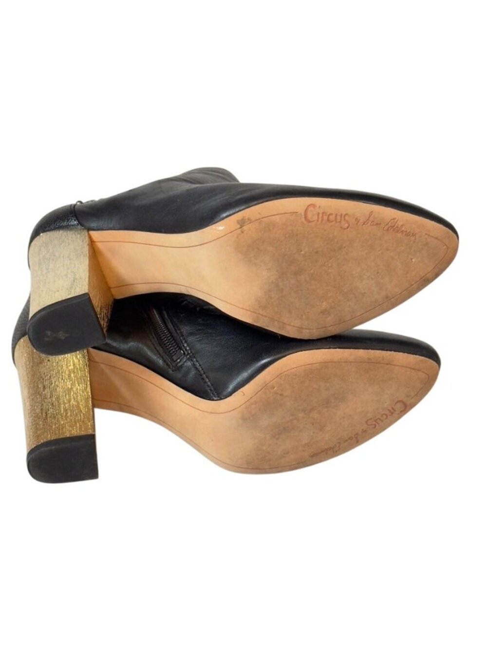 CIRCUS by Sam Edelman Shoes Black Leather Gold Block Heel Bootie Womans 8M - Picture 4 of 12